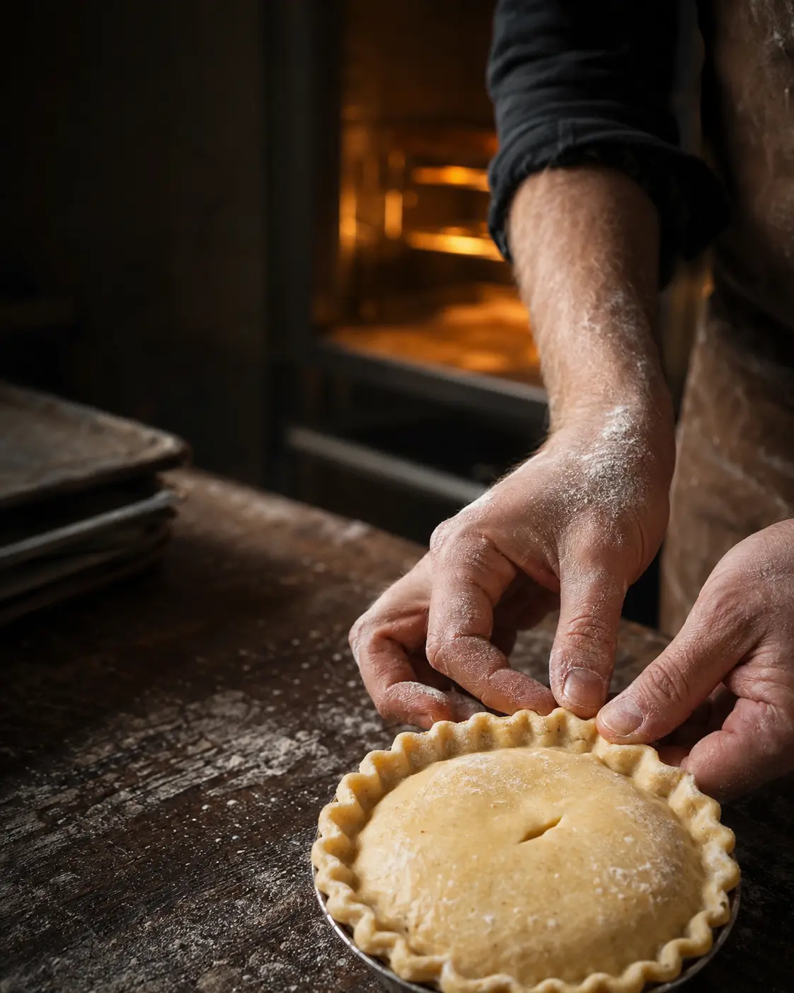 A baker's floury hands crimping the pastry edge of a pie on a wooden bench