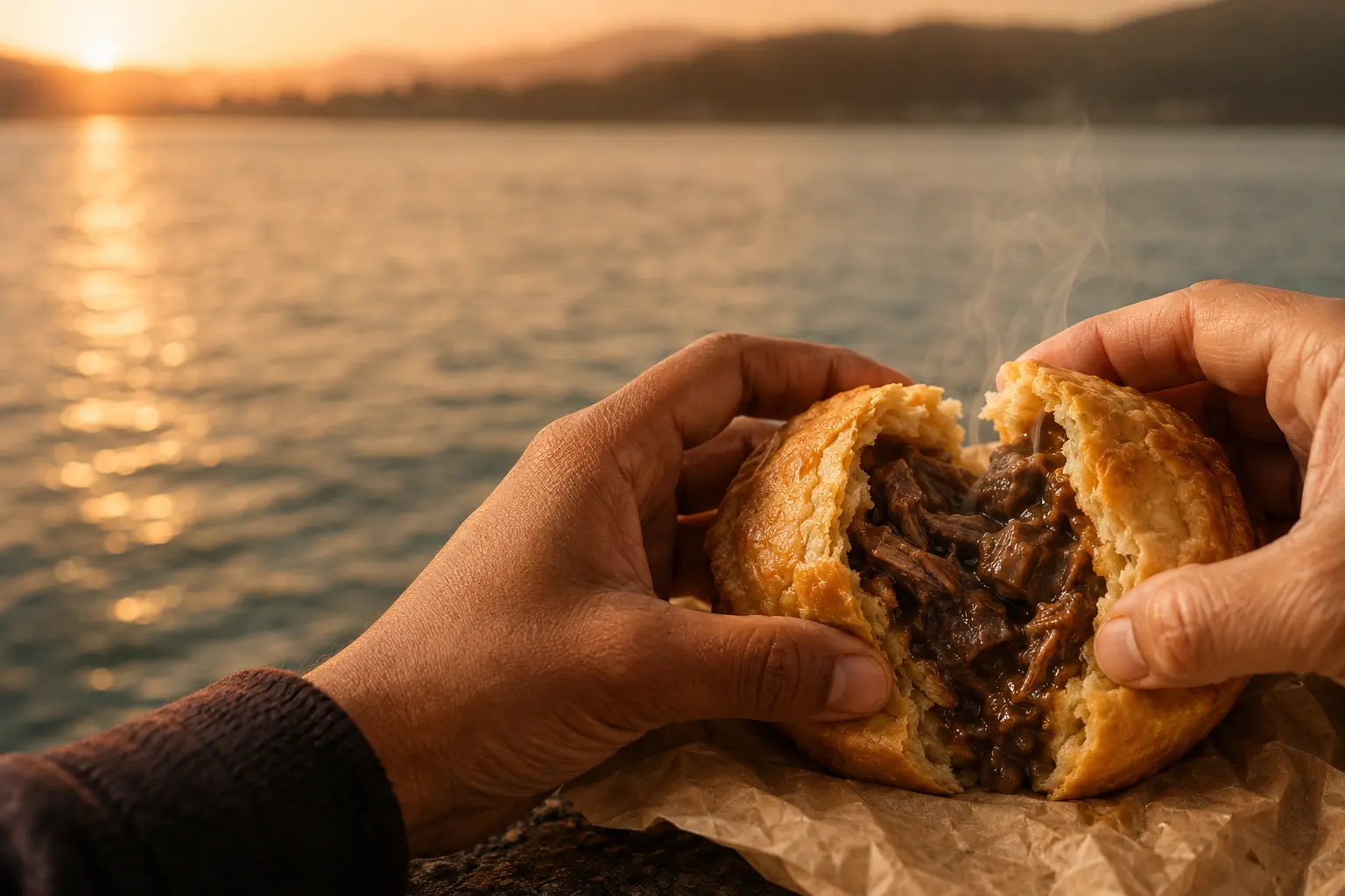 Two hands breaking open a hot mince pie above the water at sunset, steam rising from the filling