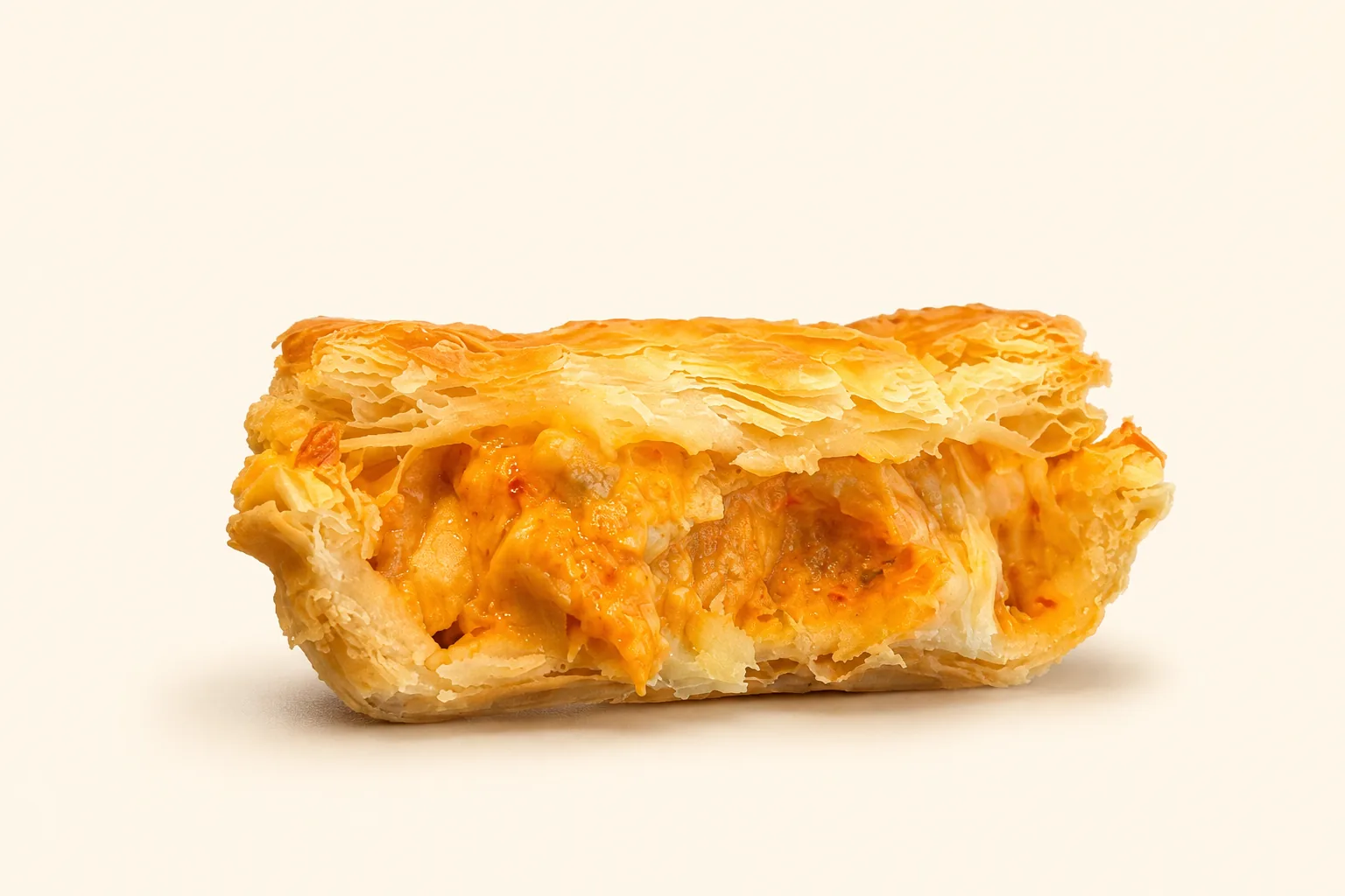 An open savoury pie on a plain studio ground, its pastry layers and filling showing