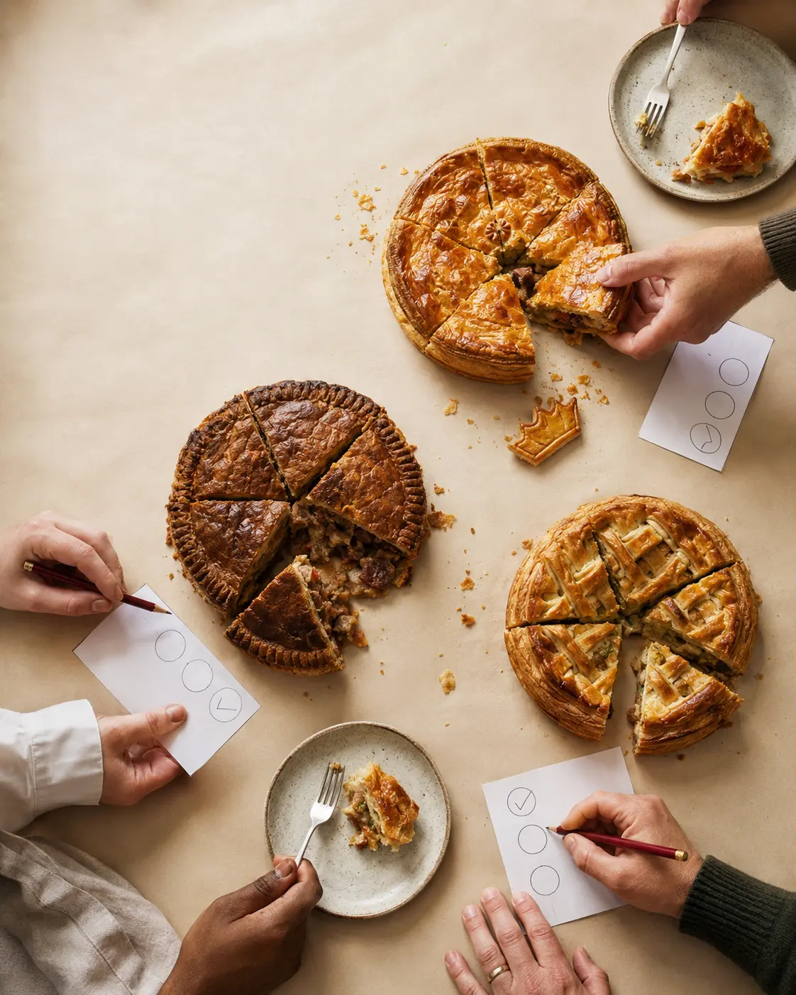 Pies on a table seen from above, with people judging them and marking scorecards