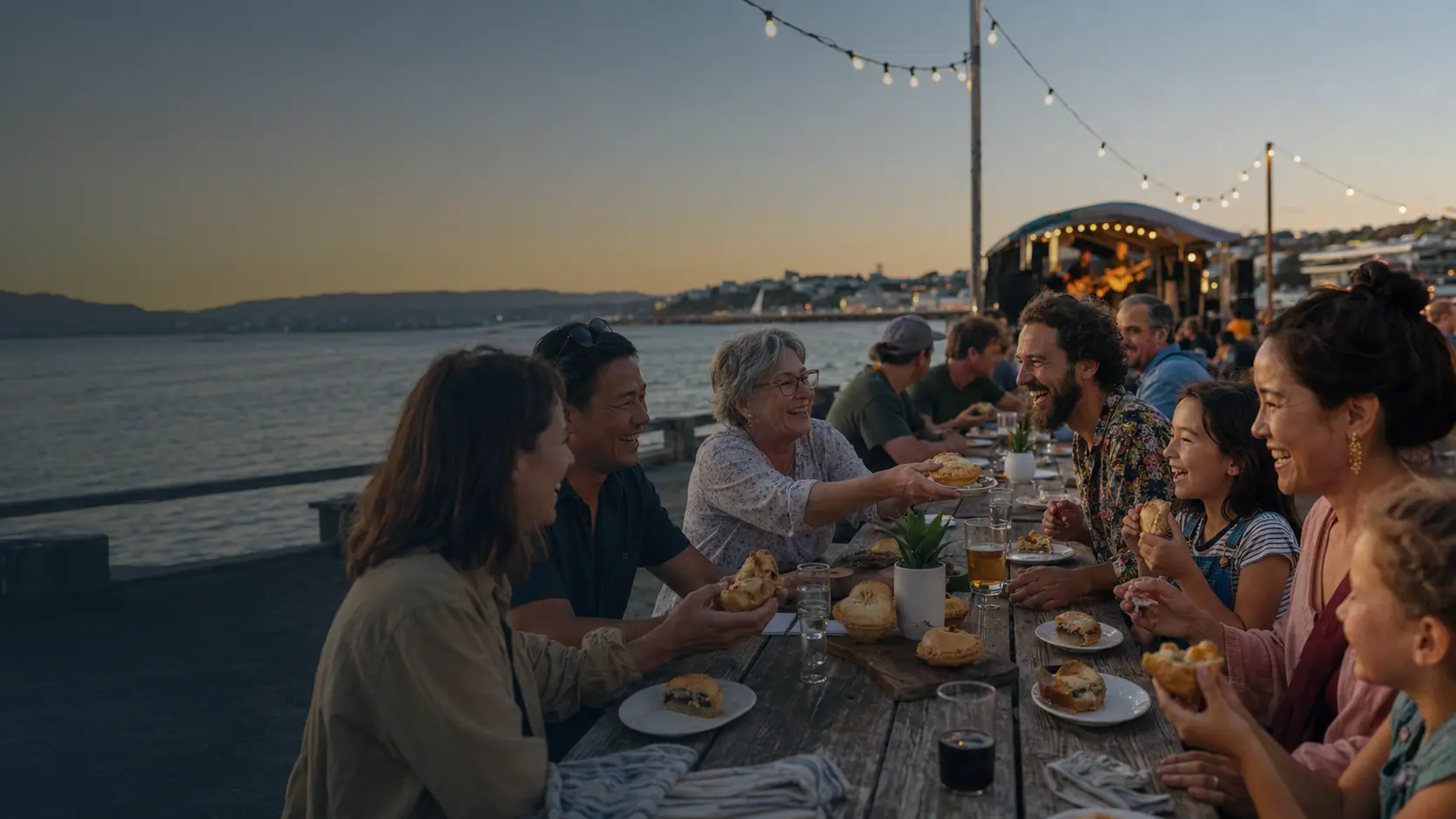 A long table by the water at dusk, people sharing pies under festoon lights